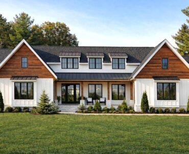 Transitional Modern Farmhouse House Plan with 3-Car Garage, Home Office and Outdoor Kitchen
